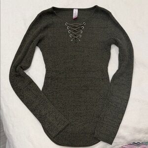 No Boundaries Olive Lace-Up V-Neck Sweater